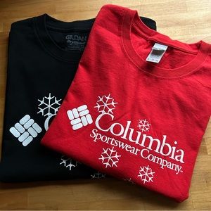 TWO Columbia T-Shirts with Snowflakes. Red and Black. Mens XL